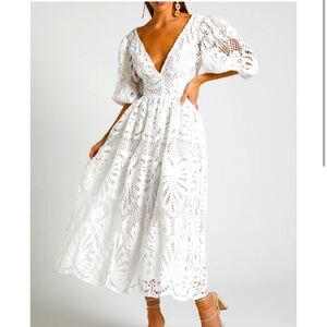 ANIESHAYA MIDI DRESS - V NECK CUT OUT LACE DRESS IN WHITE